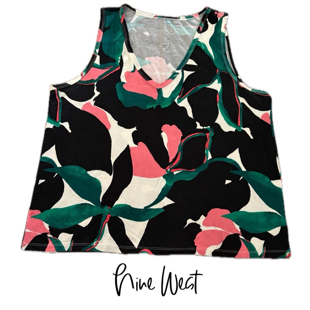Nine West Women's Floral Tank Top - Black, Pink, Green